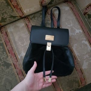 Bebe LA black fur drawstring backpack purse